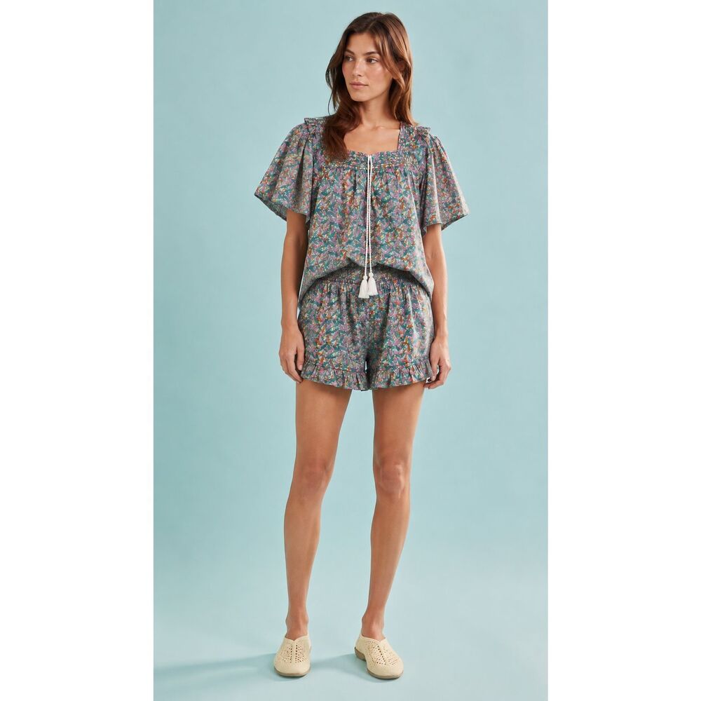 Roller Rabbit Tuckernuck Cotton Block Print Tassel Blouse & Ruffle Shorts Matchi